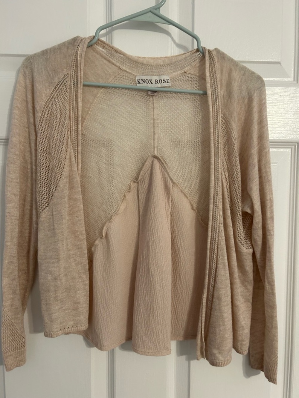 Knox Rose Light Beige Open-Front Mesh-Panel Cardigan
